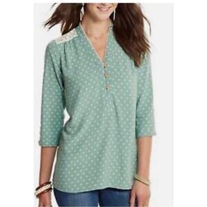 Matilda Jane Green Lace Polka Dot Print V-Neck 3/4 Sleeve Button Up Top Size L